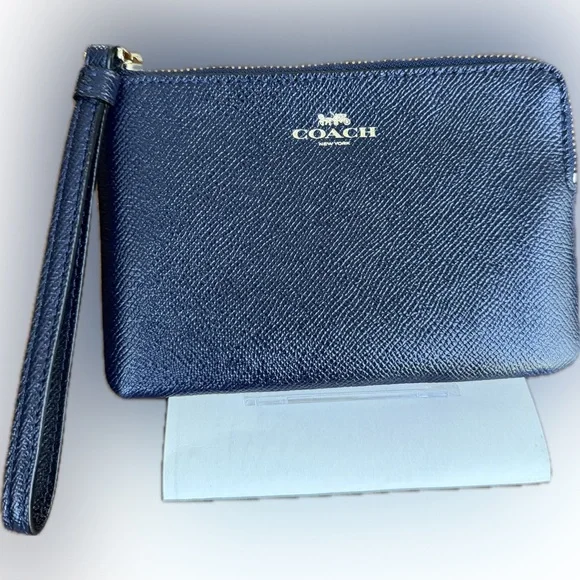 Coach Midnight Blue Corner Zip Crossgrain Leather Wristlet NWOT - Picture 1 of 12